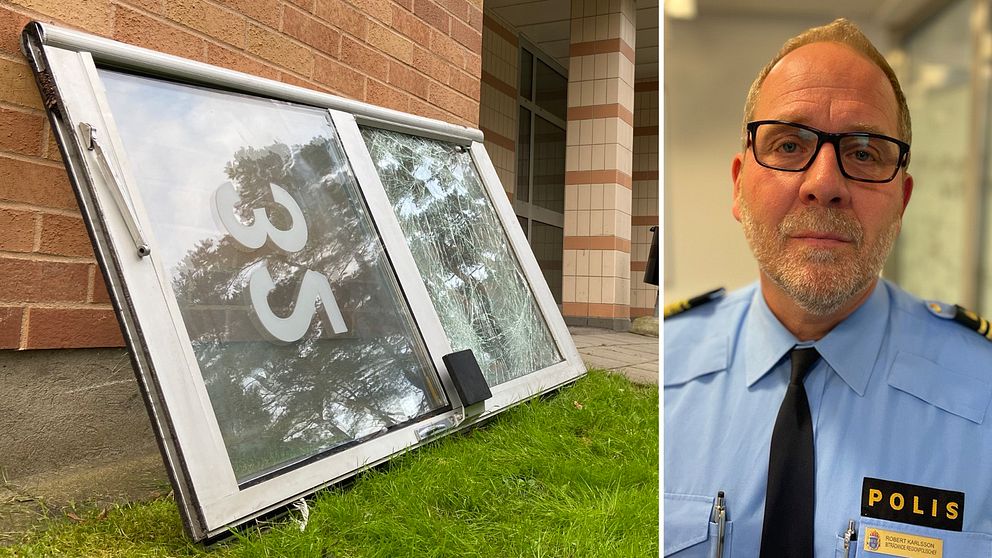 En dörr till ett bostadshus ligger på marken med krossat glas. Till höger polisen Robert Karlsson.