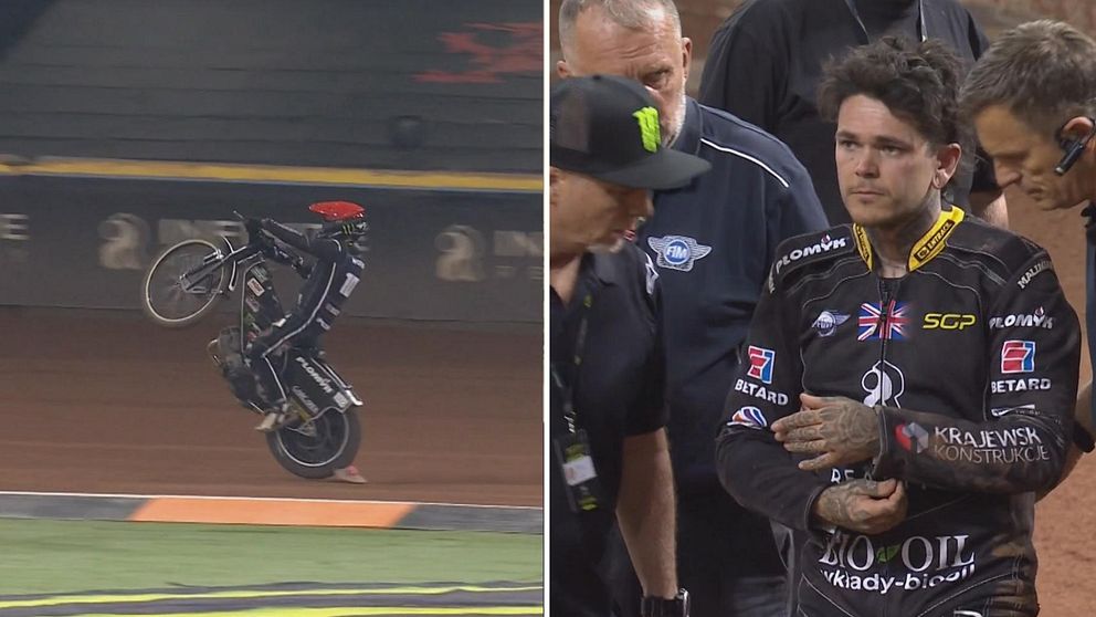 Speedwaymotorcykel som stegrar innan olycka och en bild på speedwaystjärnan Tai Woffinden efter olyckan där han stödjer sin brutna arm.