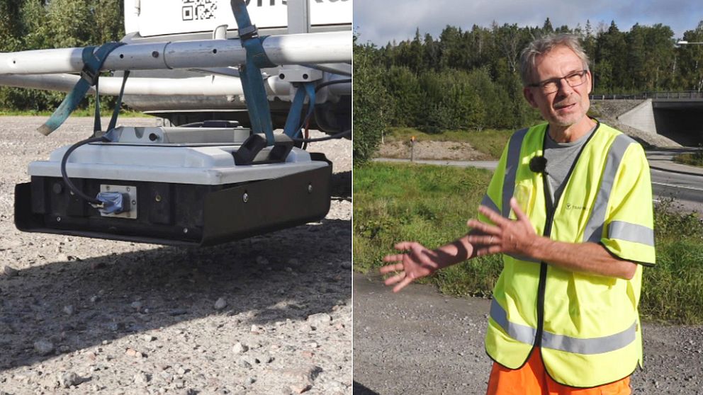 Till vänster en radar som är fäst under ett fordon, till höger Magnus Larsson i arbetarkläder.