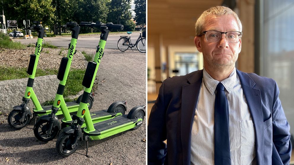 Till vänster: Tre elsparkcyklar. Till höger: Per Sandberg.