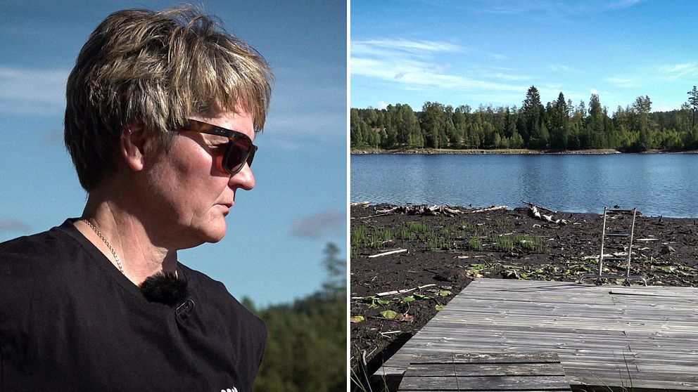 En kvinna med solglasögon kollar ner mot marken. Bredvid syns en brygga och en badstege som en gång varit i vatten, men som nu ligger på mark.