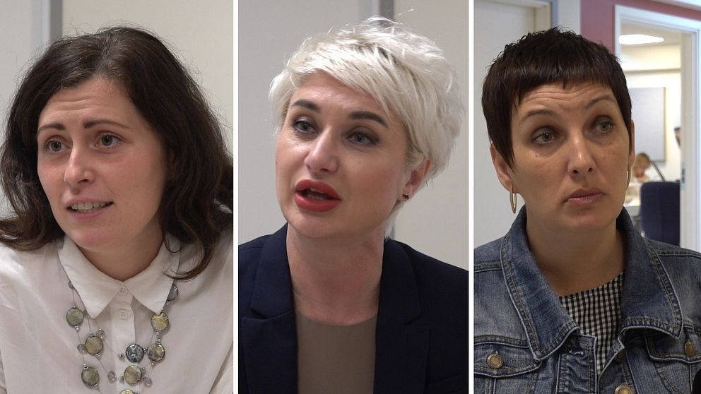 Tredelad bild på tre ukrainska kvinnor som blir intervjuade.
