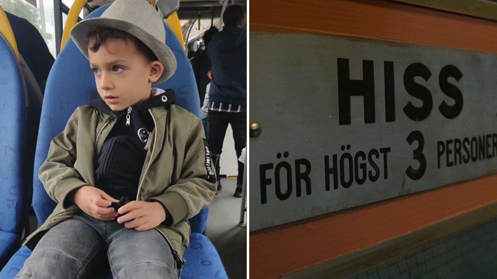 Till vänster en pojke, Nima, som sitter på en buss. Till höger en bild på en hiss.