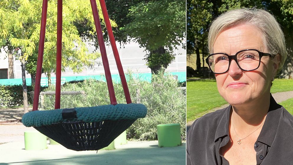 till vänster en kompisgunga; till höger Eva Mellberg, chef för förskolorna i Eslövs kommun