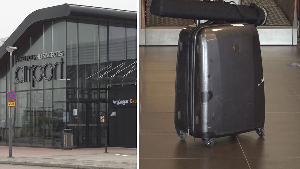 Splitbild på flygplatsen i Ängelholm och en resväska.