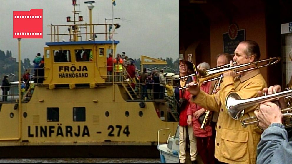 Till vänster en bild på den färja som gick över Vallsundet i Storsjön. Till höger en bild på den blåsorkester som spelade på den allra sista färjeturen.