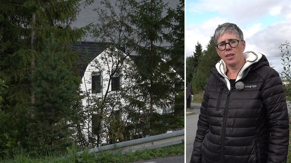 Delad bild. Till vänster ett nybyggt vitt hus med brutet svart tak vid vattnet. Till höger gråsprängd kvinna med mörkbågade glasögon iklädd svart jacka.