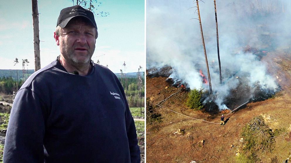 Till vänster markägaren Bengt Vingborn, till höger bilder från när hans mark brann i maj.