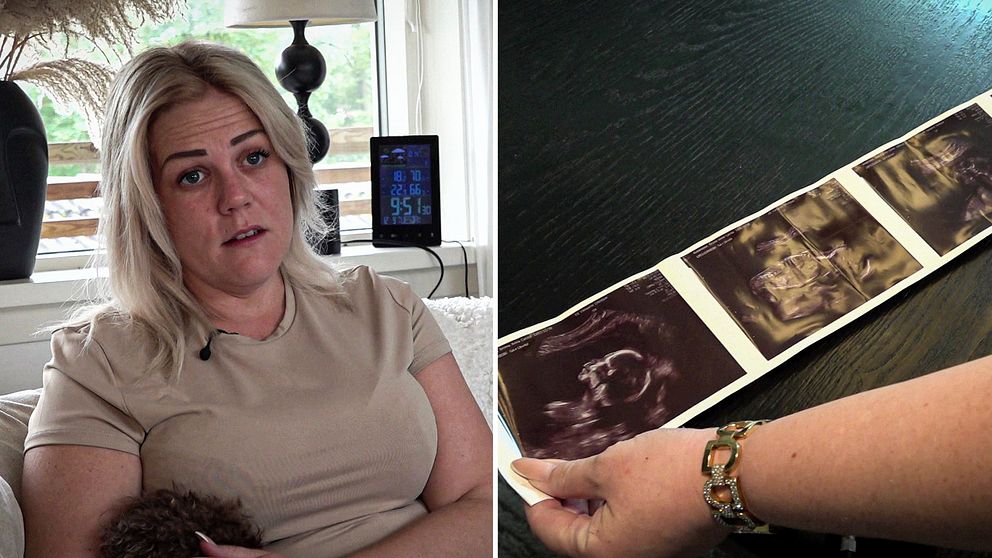 Emma Andersson sitter i sin soffa till vänster, till höger visar hon ultraljudsbilder.