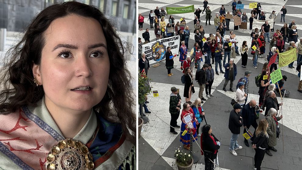 Demonstrationer på Sergels torg mot gruvetableringarna där Sara-Elvira Kuhmunen var en av talarna.