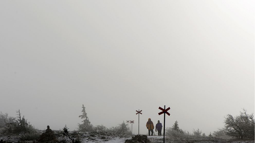 Fjällvandrare på en led. Frost på marken, ledkryss.