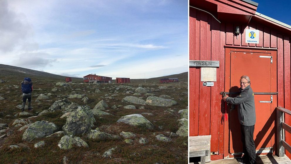 Delad bild som visar dels en fjällvandrare på väg mot några stugor, dels en man som står vid en låst stugdörr