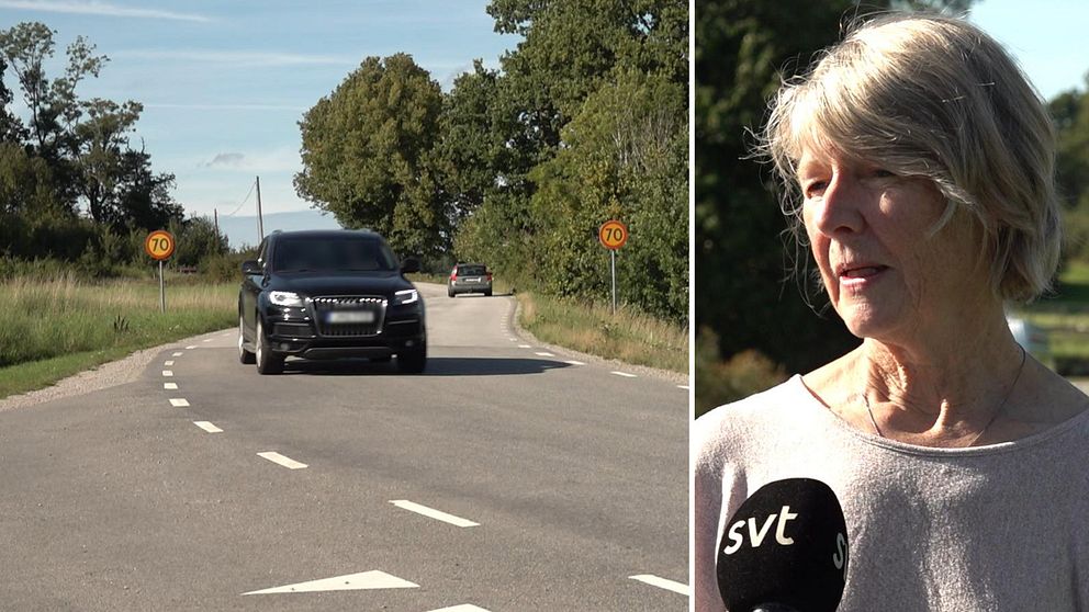 Svart bil kör på asfaltsväg med träd och grönska på sidorna. Två orange 70-skyltar står intill vägen. Till höger gråhårig kvinnamed ljusgrå tröja tittar snett till vänster i bild. Pia Borg Lindblom, Allatorp, Silletorpsvägen, Rosenholm, Karlskrona.