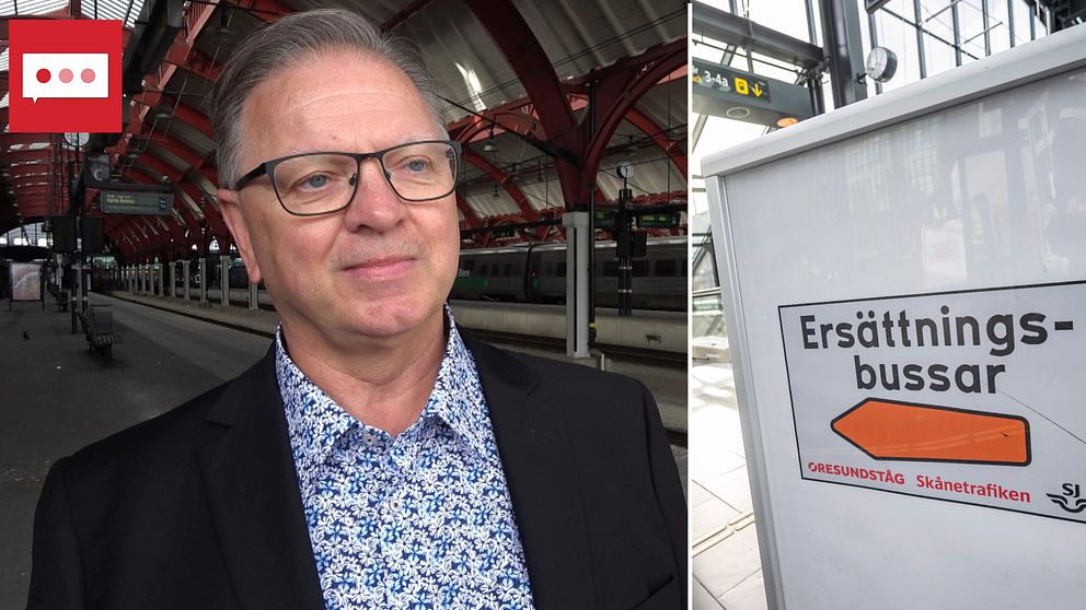 till vänster Mats Ohlsson på Skånetrafiken på Malmö central; till höger en skylt om ersättningsbussar