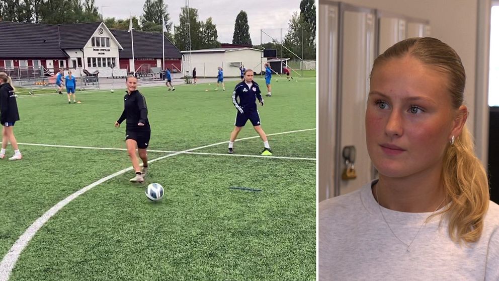 En bild på tjejer som spelar tränat fotboll och en bild på en blond tjej med hästsvans.