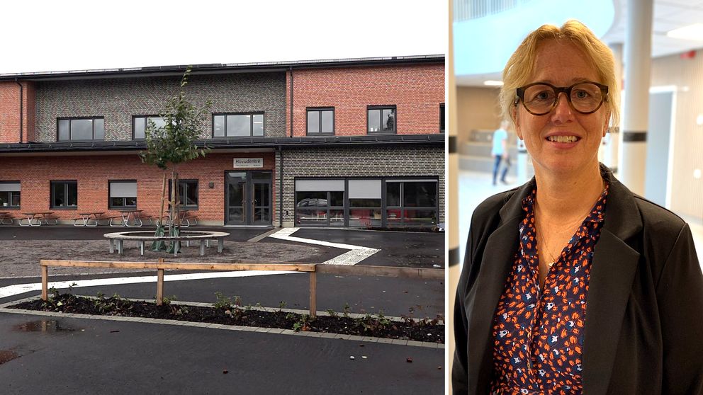 På höger sida är en bild på utsidan av den nya skolan i Rörvik och på vänster sida är det en bild på Therese Petersson som står inne i den nya skolan.