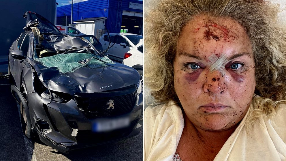 Tvådelad bild, till vänster på en demolerad bil, till höger en bild på Cecilia Läckberg Blom när hon har flera skador i ansiktet och plåster mellan ögonbrynen.