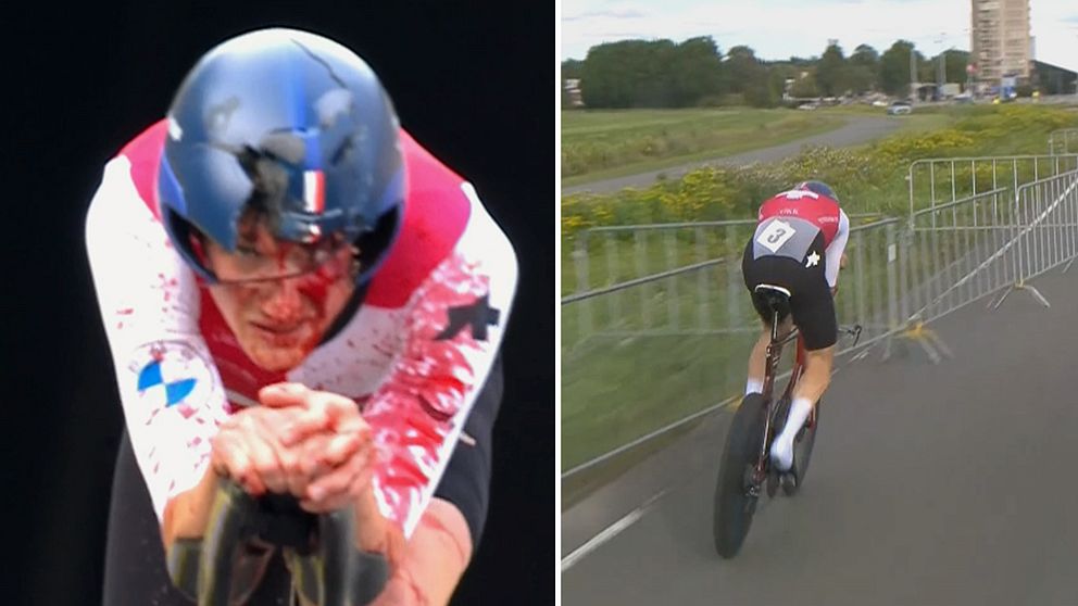 Toppcyklisten Stefan Küng var med i medaljkampen när han kraschade in i en barriär vid tempoloppet i EM i nederländska Emmen under gårdagen. Trots svåra skador tog han sig upp och cyklade in som elva.