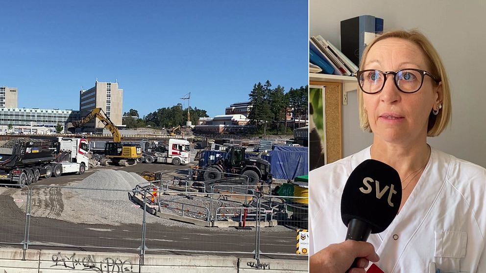 Sjukhusbygge i Västerås, byggarbetsplats. Läkaren Annika Gunnarsson intervjuas av SVT.