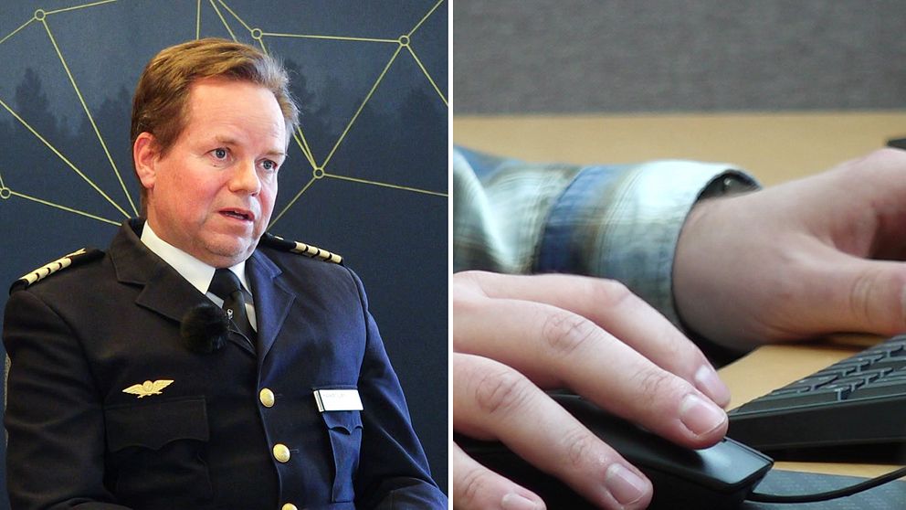 En man sitter i uniform framför en mörk bakgrund och en bild på händer som håller på ett tangentbord och en datormus.