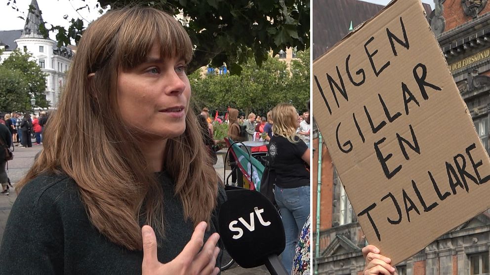 Kvinna som står till höger och pratar till mikrofon. Skylt till vänster där det står ”ingen gillar en tjallare”