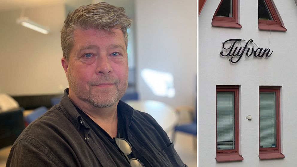 Mathias Ahrn, lärare på återvändarskolan i Växjö, och en bild på byggnaden där det står ”Tufvan”