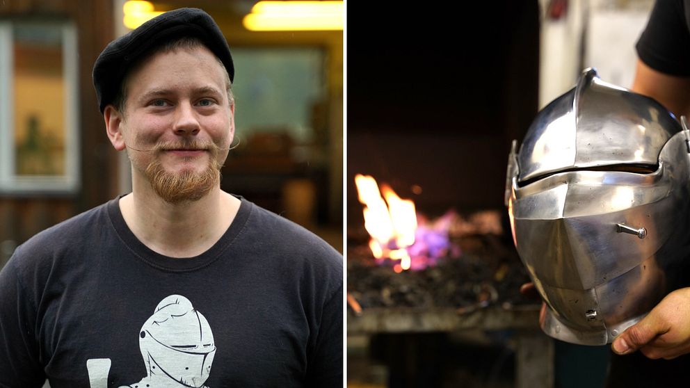 Rustningssmeden Jan Sigurd Olsson till höger. Till vänster en riddarhjälm med eld i bakgrunden.