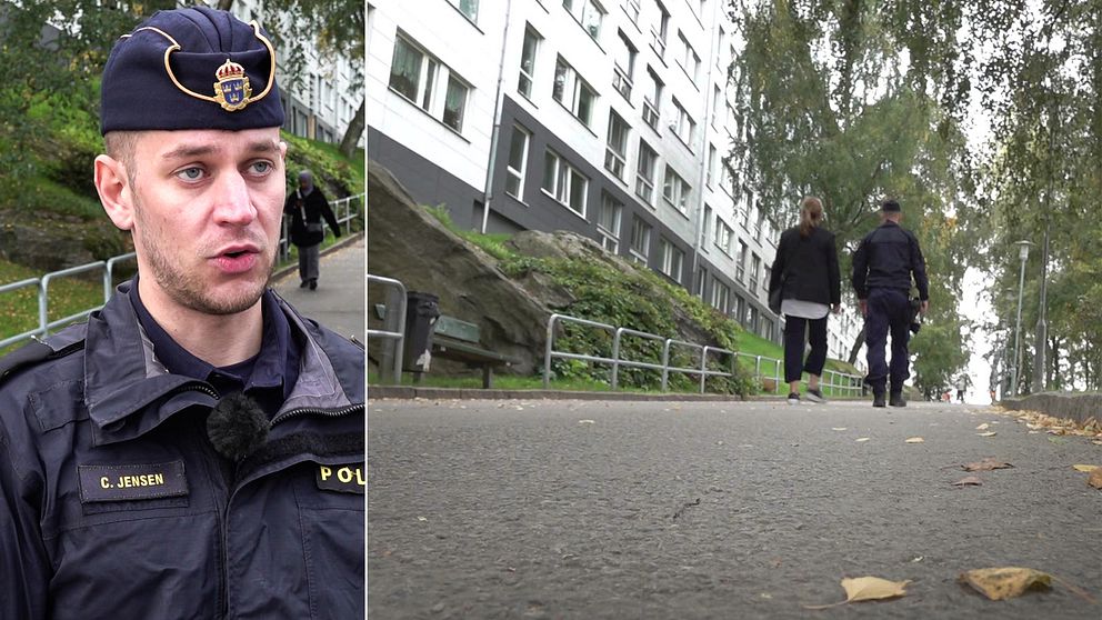 polisman i uniform, personer på gångbana med höstlöv och husfasad till lägenhetshus i Hammarkullen i Göteborg