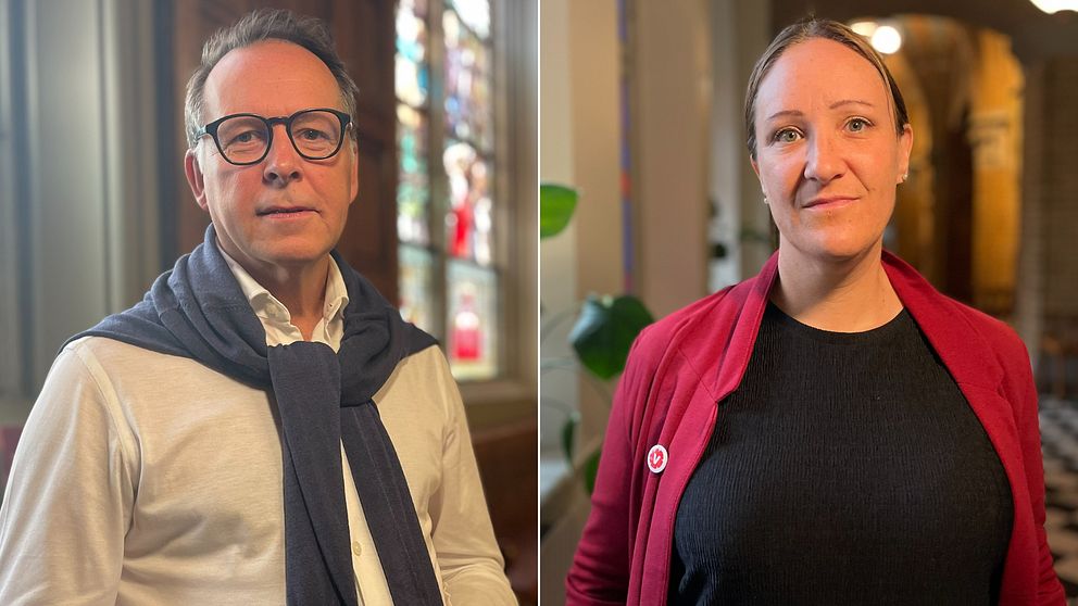 Splitbild med Kommunalrådet Lars Thunberg (KD) till vänster och oppositionsrådet Jenny Björklund Hansson (V) till höger.