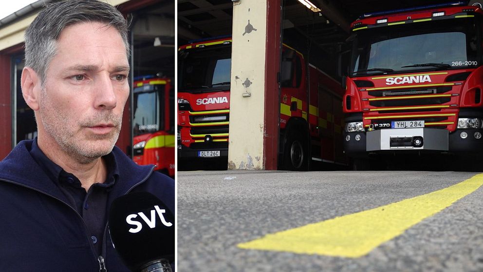 Man i blå tröja står framför garage. Flera brandbilar i garage. Räddningstjänsten Östra Blekinge, Martin Bruér brandman, skyddsombud, platsombud Kommunal.