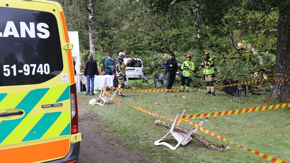 Ambulans i förgrund och i bakgrunden ett nedfallet träd omringat av poliser och räddningstjänstpersonal.
