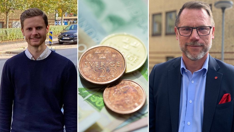 Tredelad bild: Sebastian Cehlin (M) och Andreas Svahn (S), samt några svenska kronor i mynt.