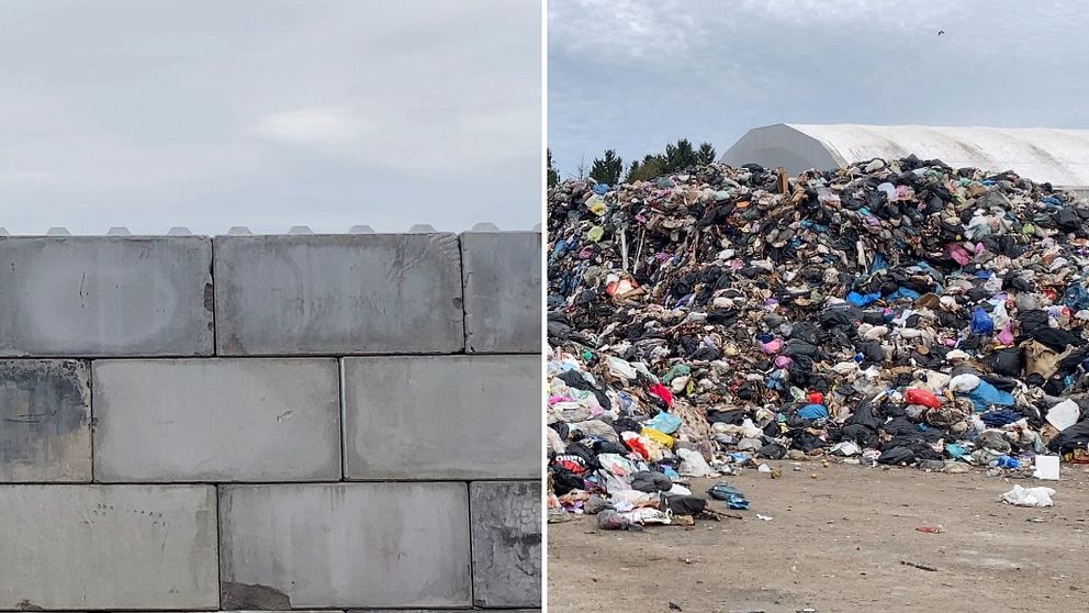 Till vänster i bild syns en del av en betongmur. Vill höger i bild ligger en hög med hushållssopor på avfallsstationen Gryta i Västerås.