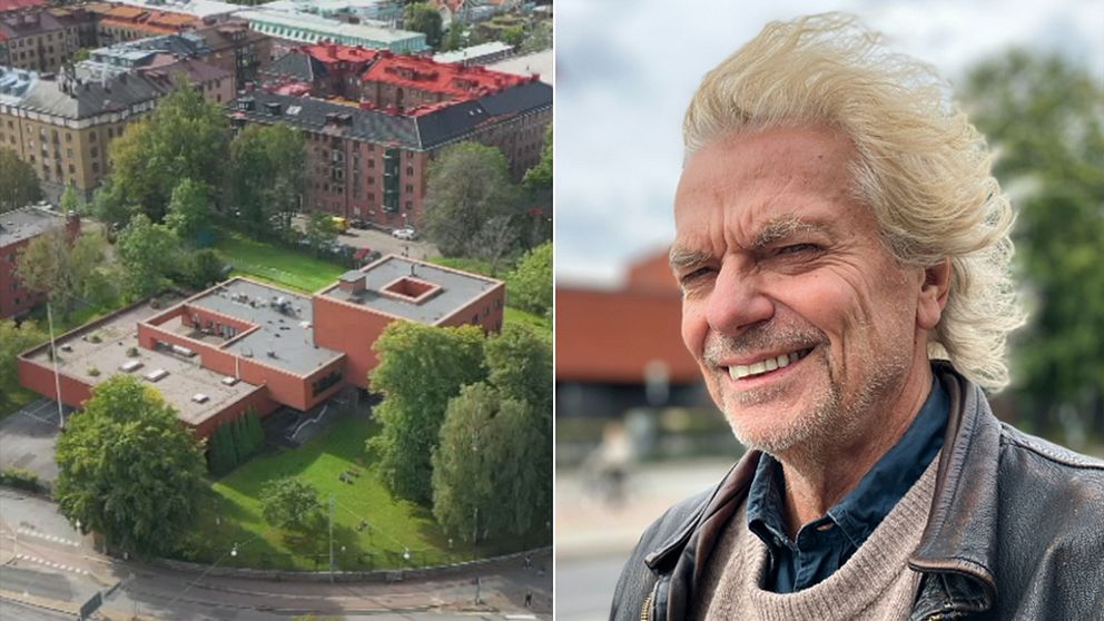 Stort rött hus  med omkringliggande trädgård från ovan, man i långt ljust hår iklädd skinnjacka