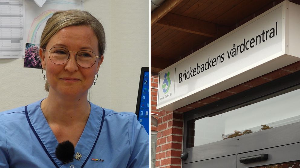 Läkaren Helena Borenäs och en skylt vid Brickebackens vårdcentral i Örebro.