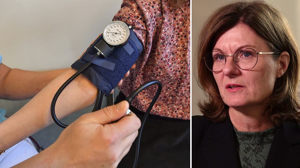 Vänster: Närbild på hand som tar blodtryck på kvinna, blodtrycksmanchett. Höger:  Helena Svensson, HR-strateg vid Region Örebro län.