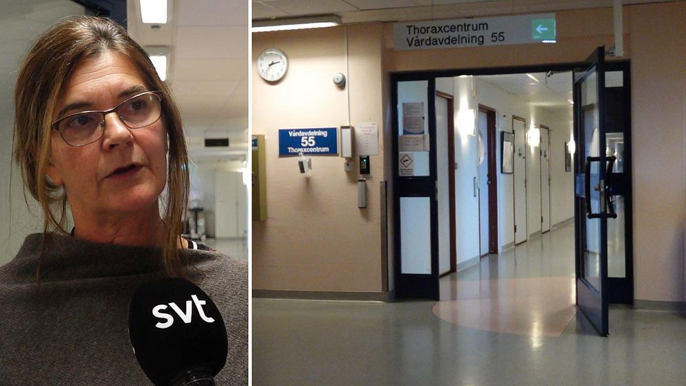 Kvinna med brun tröja, brunt hår och glasögon tittar åt höger i bild. Sjukhuskorridor med öppen dörr till Thoraxcentrum.