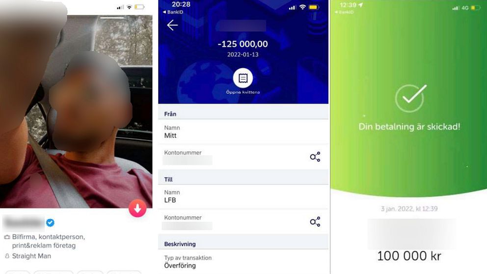 Splitbild mellan blurrad Tinderprofil och banköverföringar.