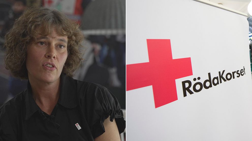 Karin Drackner, sakkunig på Röda korset (t.v.), Röda korsets logga (t.h.)