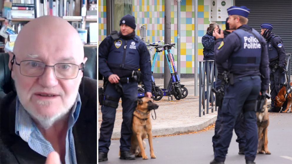 Den belgisk/franske terrorexperten Claude Moniquet och poliser i Bryssel efter terrordådet.