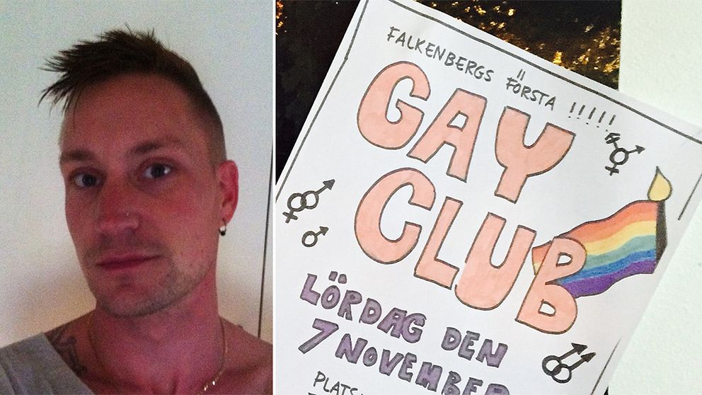 Stefan Andersson och an affisch för gayklubben i Falkenberg
