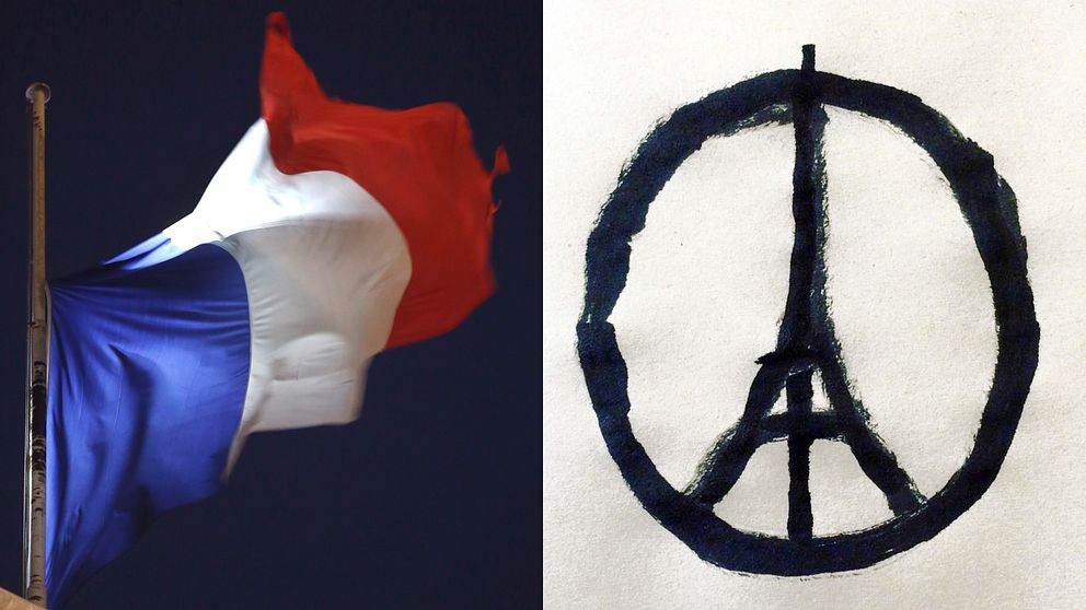 Trikoloren på Élyséepalatset och Jean Julliens illustration Peace for Paris.
