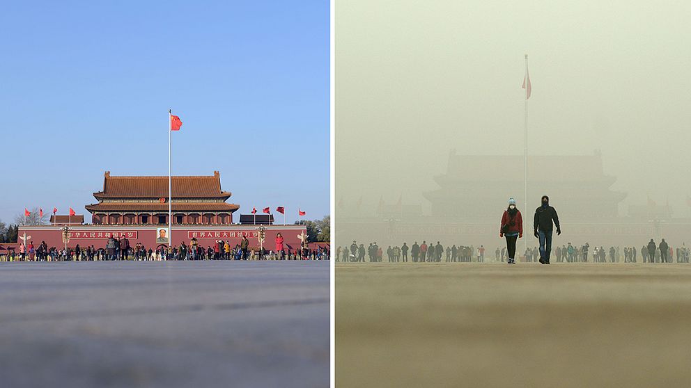 Bilderna från Himmelska fridens torg i Peking, Kina, som visar på skillnaden i luftkvalitet mellan den 1 december – då huvudstaden var tungt förorenad – och den 3 december då luften förbättrats. Nu har myndigheterna utfärdat ett akut smoglarm och skolorna tvingas stänga.