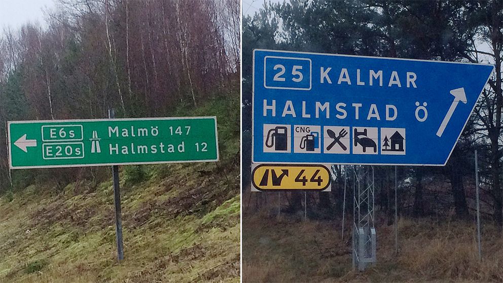 Vägskyltar med gemena bokstäver och med versala – dansk modell versus svensk modell.