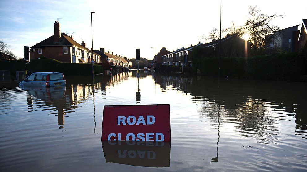 Översvämmat bostadsområde i York.