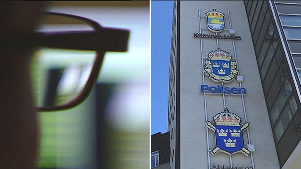 En delad bild. Till vänster en man med glasögon i oskärpa. Till höger fasaden på polishuset i Uppsala med Kriminalvårdens, polisens och Åklagarmyndighetens logotyp på fasaden.