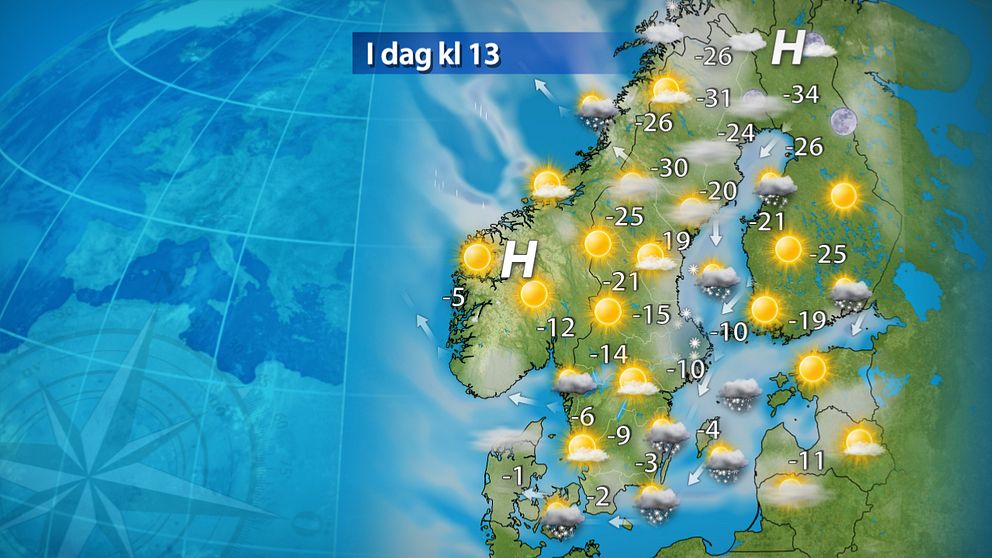 I dag: Kyla och snöbyar
Det är vinterväder och minusgrader i hela landet. Vid klart väder i Norrland blir det 25 till 35 grader kallt. I Östersjölandskapen och vid Norrlandskusten blir det ganska molnigt väder och det kan tidvis snöa en del. I landets västra delar blir det soligare väder och i huvudsak uppehåll. Vindarna är för det mesta svaga eller måttliga, men det krävs inte en stark vind för att kyleffekten ska bli påtaglig.