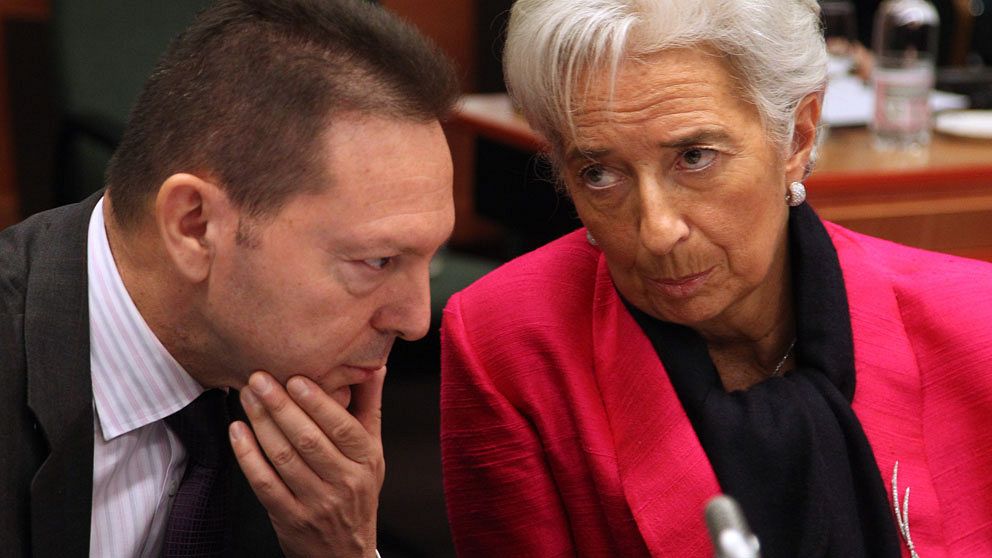 Greklands finansminister Yannis Stournaras och IMF-chefen Christine Lagarde. Foto: Scanpix