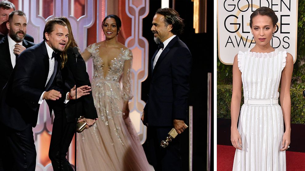 Till vänster: ”The Revenant” regisserad av Alejandro González Iñárritu med Leonardo DiCaprio i huvudrollen blev galans stora vinnare. Till höger: Alicia Vikander blev utan pris.