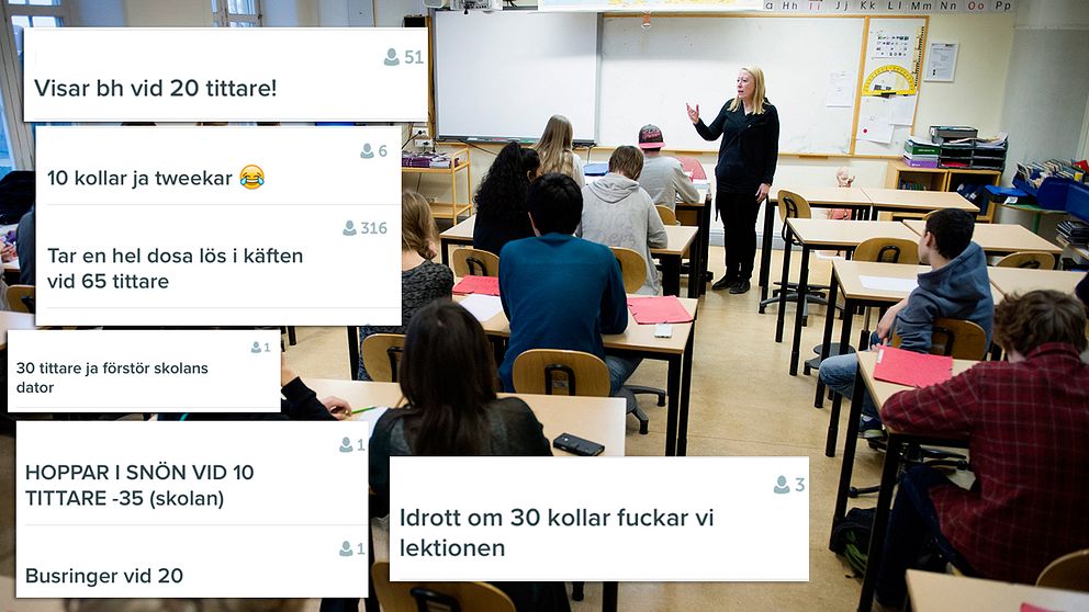 Rubriker på livesändingar hos Periscope samt ett klassrum.